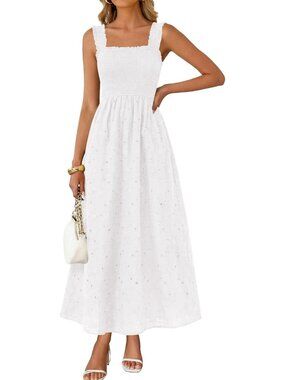 Women's White Boho Sleeveless Square Neck Cotton Flowy Long Maxi Dress